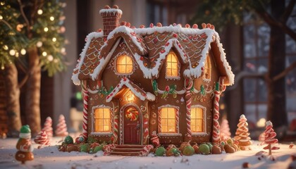 Fototapeta premium Warmly lit gingerbread house with gumdrop details and candy cane windows, winter, cozy