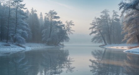 Fototapeta premium Frosty Winter Morning Reflection on Calm Lake Surrounded by Trees