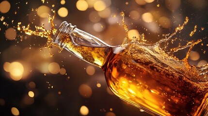 A whiskey bottle tips over, sending an elegant golden liquid splash through the air.