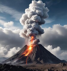 Volcanic fumes and ash suspended in the air as white clouds form around an active volcanic vent, smoke, ash, environmental damage