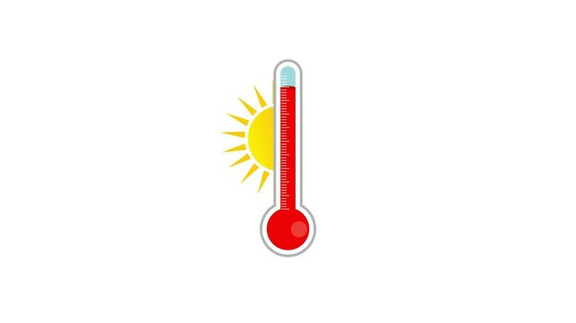 Hot, Sunny Weather icon. Rotating sun and rising thermometer animation.