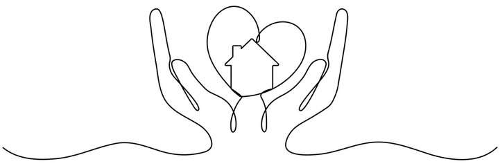 Hands hold heart with house inside continuous line drawn. Real estate protection concept. Charity symbol. Shelter sign. Vector illustration isolated on white.