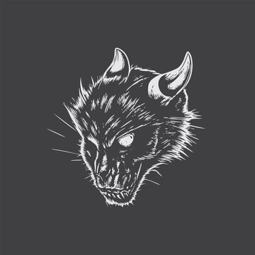 Demonic Cat Head Illustration with Horns on Dark Background