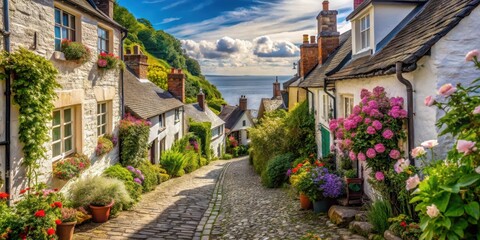 Fototapeta premium Narrow cobblestone street with rustic cottages and wildflowers along Clovelly coast in Devon