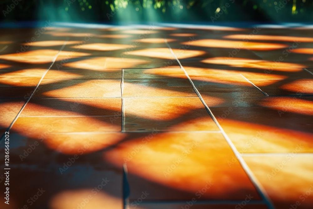 Poster sunlight casts patterned shadows on terracotta tiles, creating a warm, inviting atmosphere.