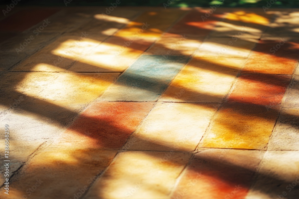 Poster sunlight streams through a window, casting colorful shadows on a terracotta tile floor.