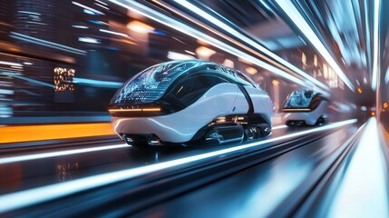 Fototapeta premium Futuristic Autonomous Vehicles Speeding Through a Neon Cityscape