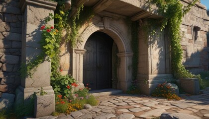 Vines and creepers snaking around an old crypt entrance, entwined, natural, crypt