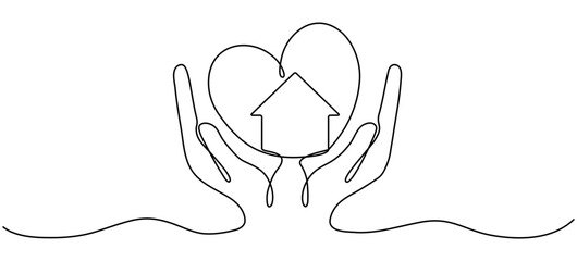 Hands hold heart with house inside continuous line drawn. Real estate protection concept. Charity symbol. Shelter sign. Vector illustration isolated on white.