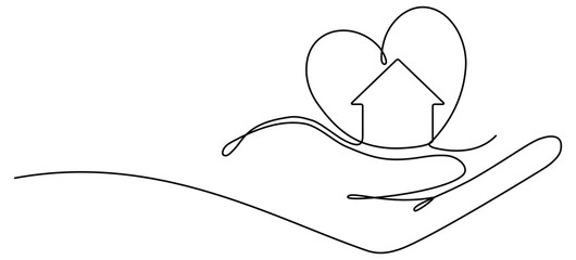 Hand holding heart with house inside continuous line drawn. Real estate protection concept. Charity symbol. Shelter sign. Vector illustration isolated on white.