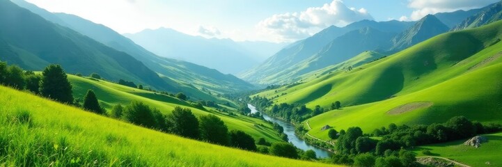 Fototapeta premium Rolling hills of emerald green, with a meandering river, pyrenees mountains, mountains