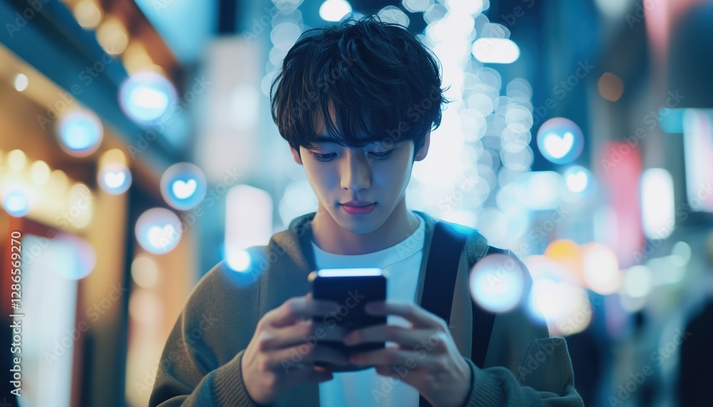 Aufkleber busy young man engaging in digital communication and social networking on smartphone, multitasking w