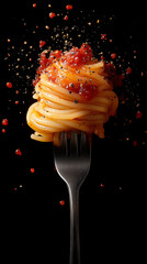 Spaghetti on a fork in a splash of tomato sauce on a dark background