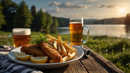 French fries golden schnitzel and refreshing beer in a natural summer setting.