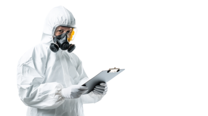 Intriguing portrait of a man in white suit wearing gas mask, evoking mystery and protection.