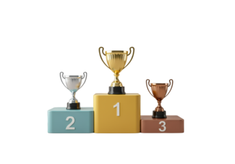 Colorful podium showcasing trophies for first, second, and third place in a competitive event