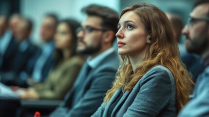 focused woman listens intently during business conference, surrounded by attentive attendees. professional setting highlights importance of presentation