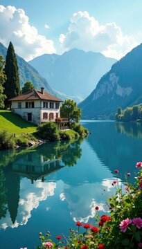 Villa sulla riva del lago con acqua specchiata, paesaggio, lago, riflessi