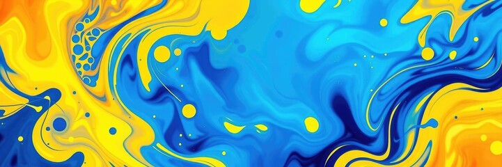 Vibrant blue and yellow hues blend in a swirling pattern of shapes and lines creating an abstract art piece, creative expression, abstract art, modern aesthetic