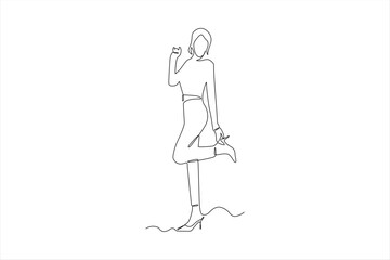 Fototapeta premium Elegant line drawing of a woman playfully posing with one leg raised, minimalistic style