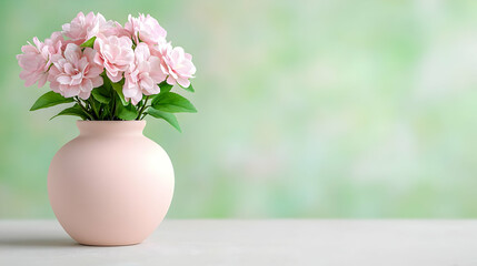 Pink flowers vase spring bokeh background greeting card © Bella