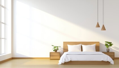 Minimalist modern bedroom with earthy brown tones, soft bedding, wooden side tables, and elegant pendant lighting, illuminated by warm natural sunlight