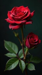 Naklejka premium Deep crimson velvet roses, gilded leaves, antique setting , decorative, wedding, Victorian rose