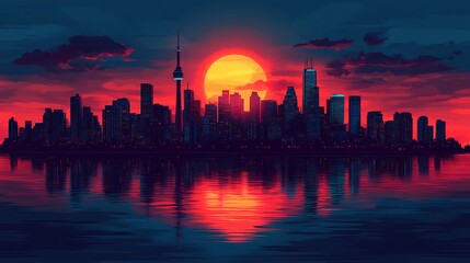 Fiery sunset dramatically illuminates city skyline reflected in calm water. AI Generated