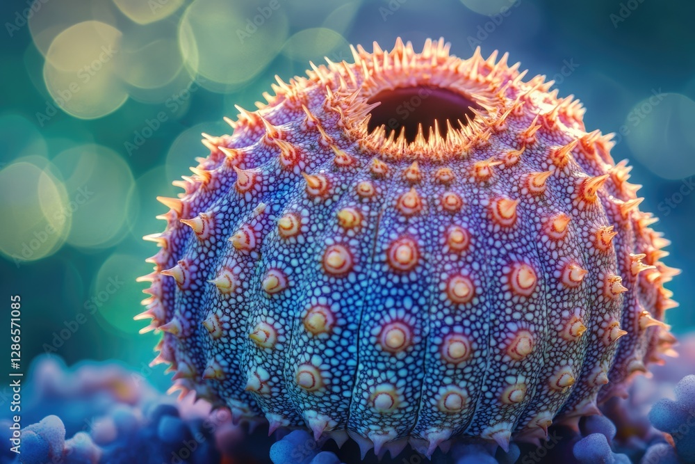 Poster vibrant sea urchin with intricate shell texture and sharp spines, resting on a colorful underwater s