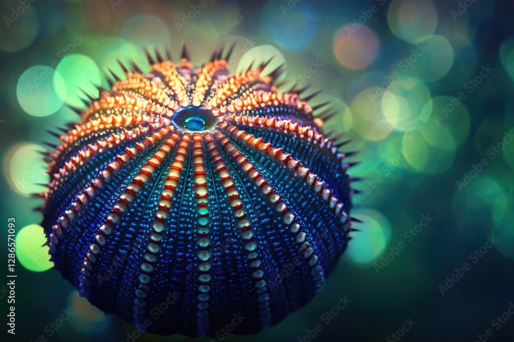 Poster a vibrant sea urchin shell, showcasing intricate patterns and spines against a bokeh background.