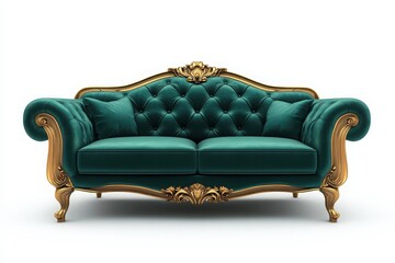 A luxurious velvet sofa with gold trim, deep emerald green, isolated on a white background