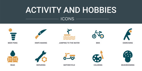 set of 10 outline web activity and hobbies icons such as beer pong, knife making, jumping to the water, bmx, exercising, read, repairing vector icons for report, presentation, diagram, web design,