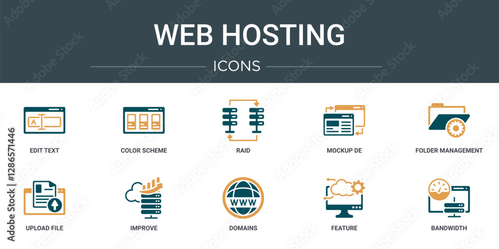 Poster set of 10 outline web web hosting icons such as edit text, color scheme, raid, mockup de, folder man