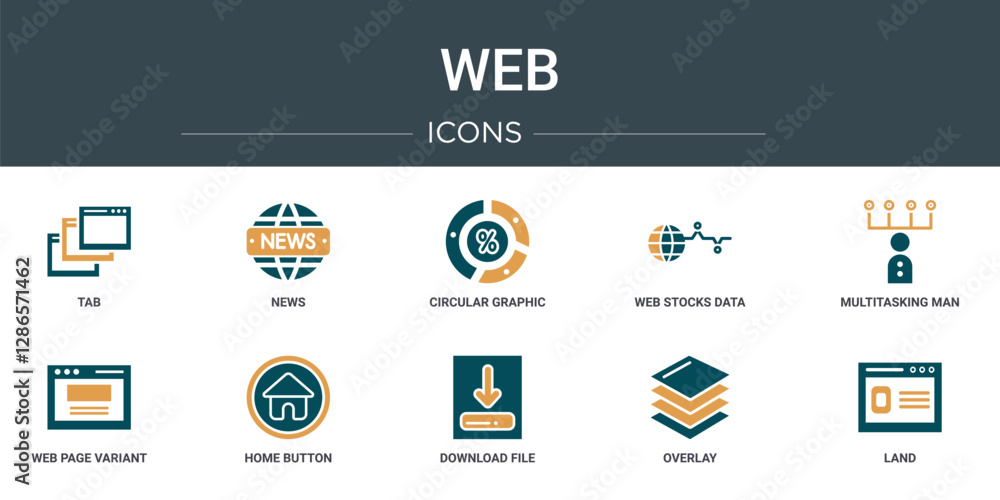 Poster set of 10 outline web web icons such as tab, news, circular graphic, web stocks data line graphic in