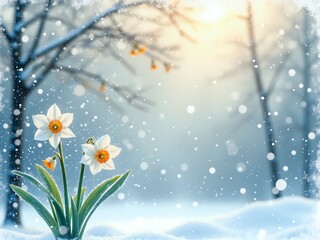 Delicate daffodils blooming amidst a snowy landscape