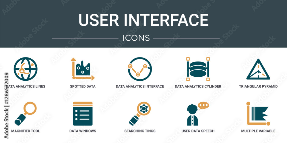 Poster set of 10 outline web user interface icons such as data analytics lines on spherical grid, spotted d