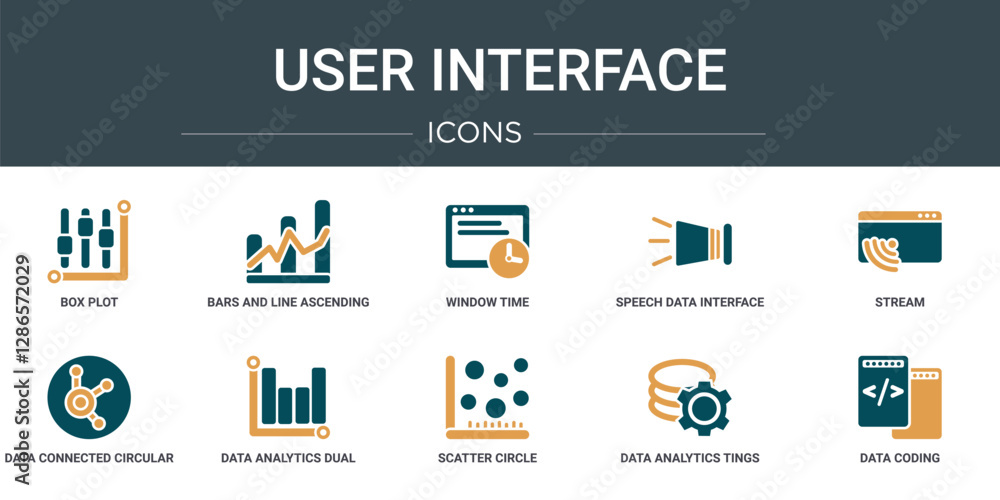Poster set of 10 outline web user interface icons such as box plot, bars and line ascending of data analyti