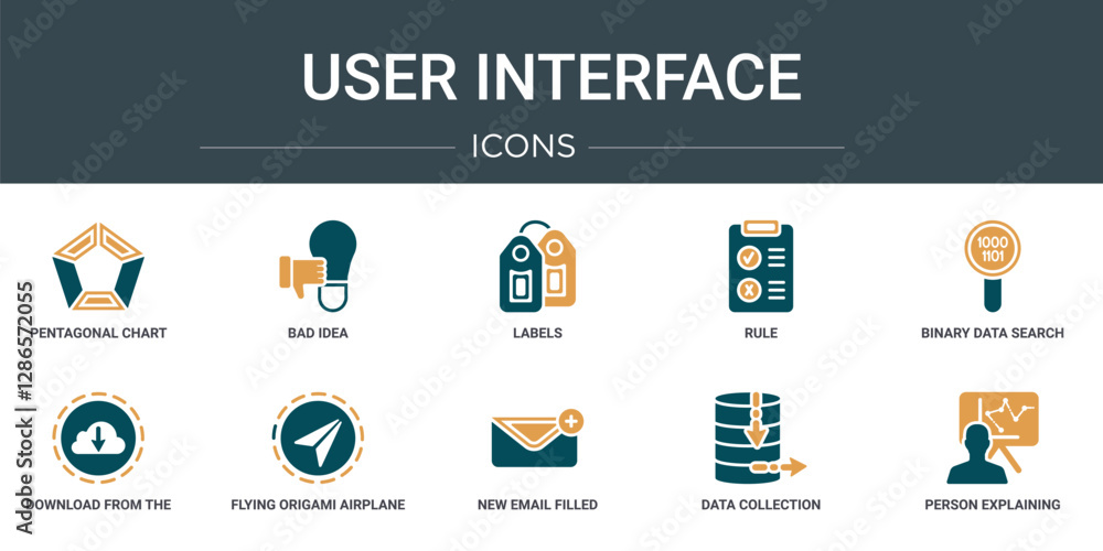 Poster set of 10 outline web user interface icons such as pentagonal chart, bad idea, labels, rule, binary 