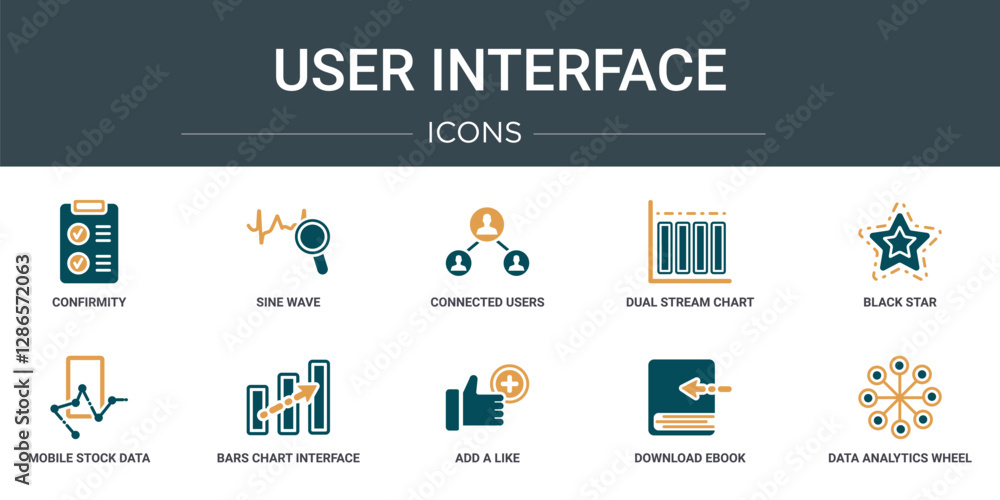 Poster set of 10 outline web user interface icons such as confirmity, sine wave, connected users in flow ch