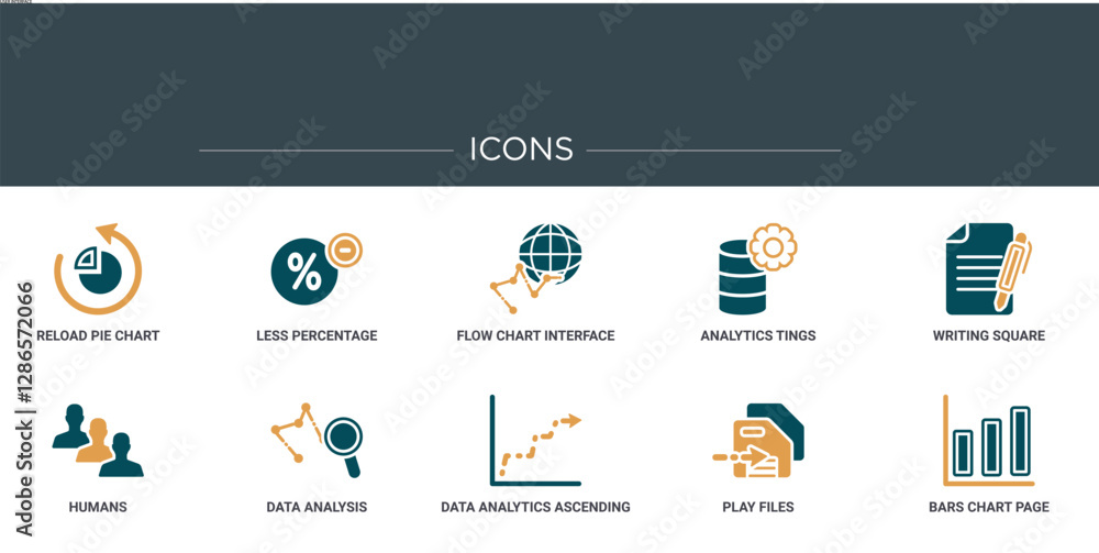 Poster set of 10 outline web user interface icons such as reload pie chart, less percentage, flow chart int