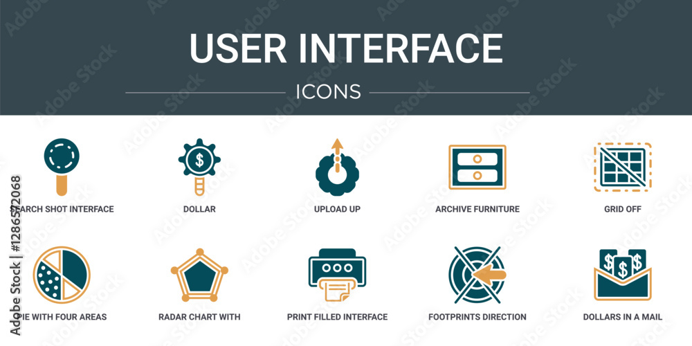 Poster set of 10 outline web user interface icons such as search shot interface with a magnifier tool, doll