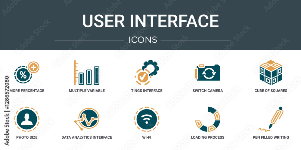 Poster set of 10 outline web user interface icons such as more percentage plus button, multiple variable li