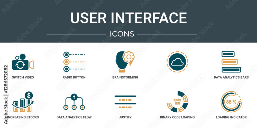 Poster set of 10 outline web user interface icons such as switch video, radio button, brainstorming, , data