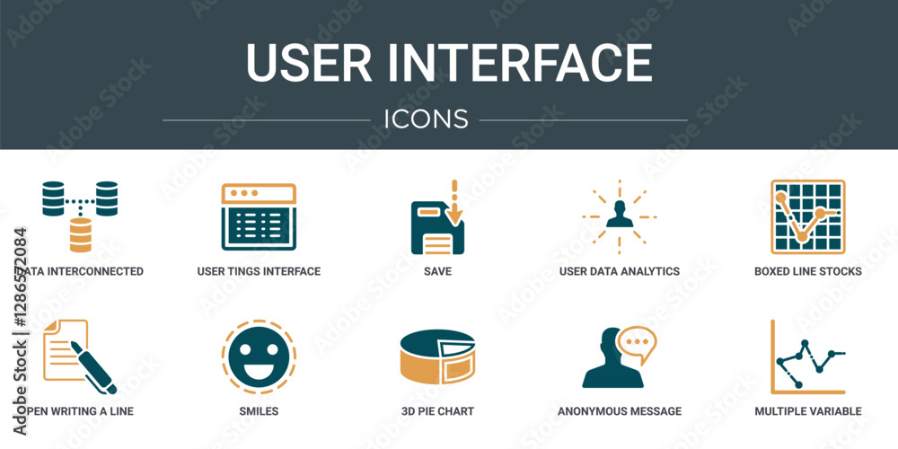 Poster set of 10 outline web user interface icons such as data interconnected, user tings interface, save, 
