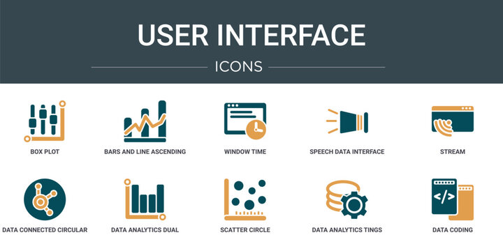 set of 10 outline web user interface icons such as box plot, bars and line ascending of data analytics, window time, speech data interface audio, stream, data connected circular interface, analytics