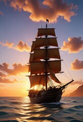 Un barco pirata anciano y robusto se sumerge lentamente en la orilla a medida que el atardecer toma pose, sailing, vessel