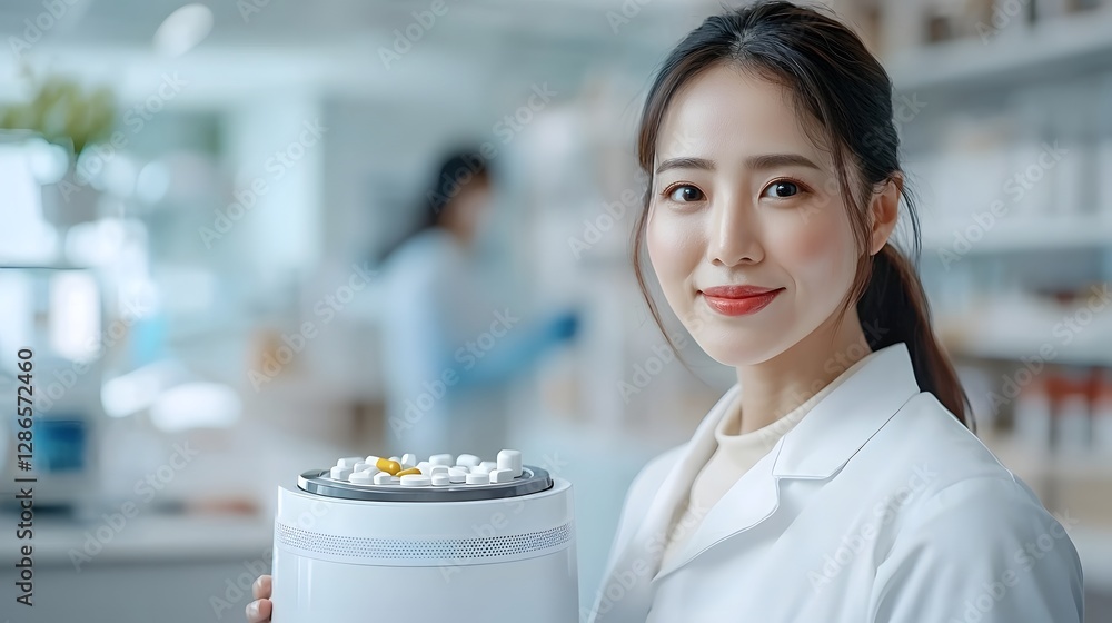 Poster ai integrated nurse controlling robotic medication dispensers side view representing automated and e