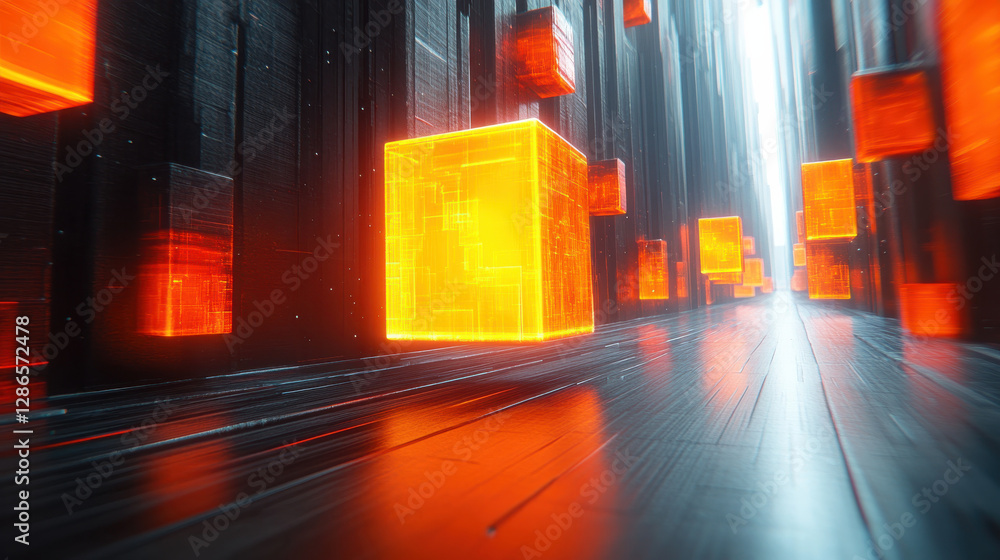 Poster futuristic digital landscape with glowing cubes and abstract patterns