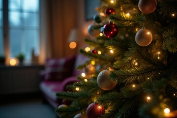 Twinkling lights surrounding a full Christmas tree, festive, bright, holiday