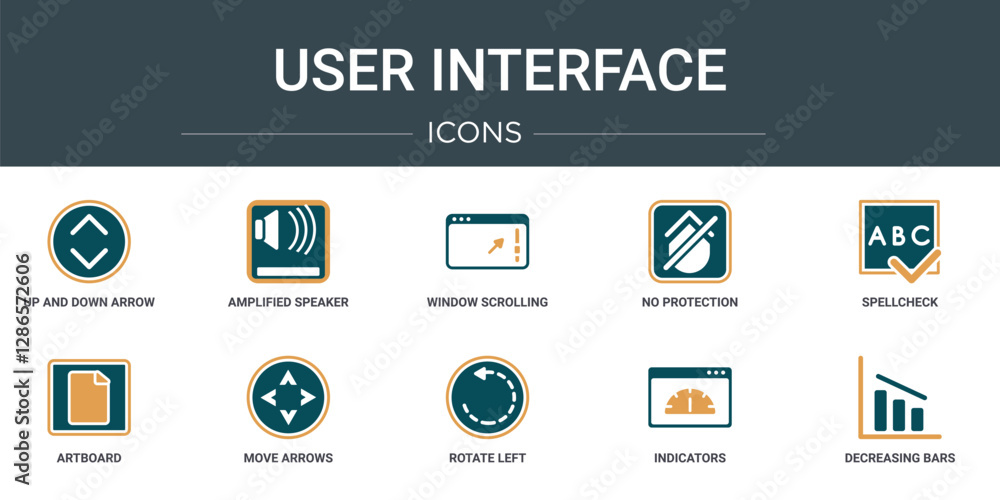 Poster set of 10 outline web user interface icons such as up and down arrow, amplified speaker, window scro